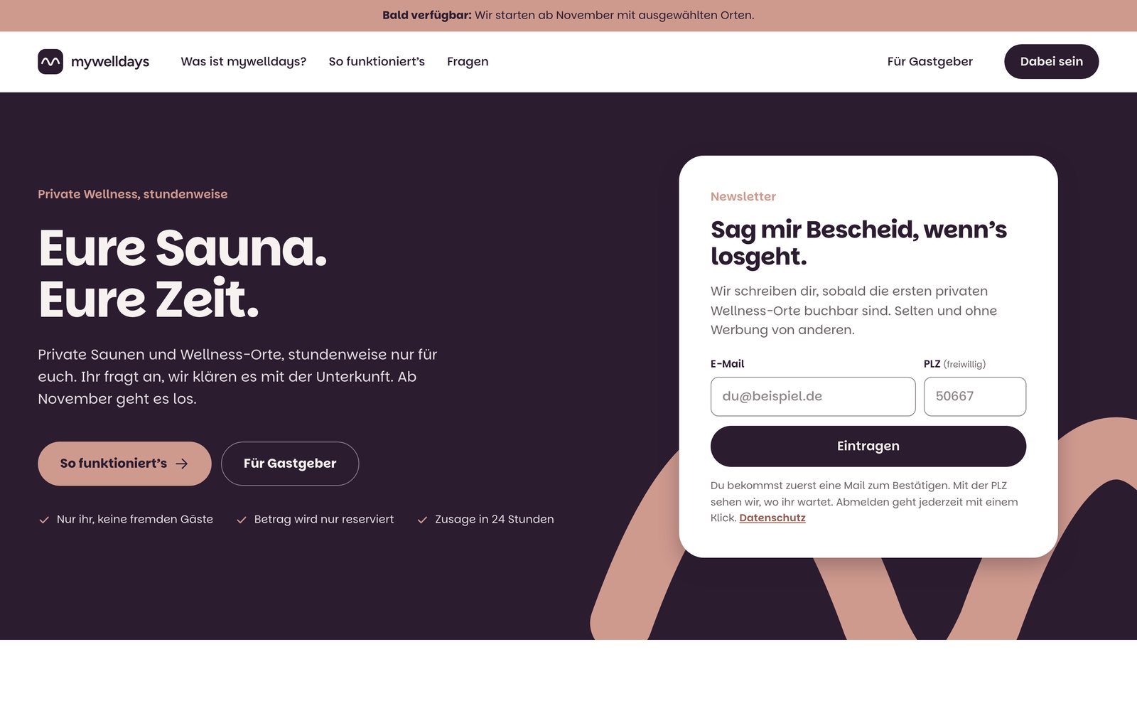 Startseite von mywelldays im Design Dämmerung: Eure Sauna. Eure Zeit.