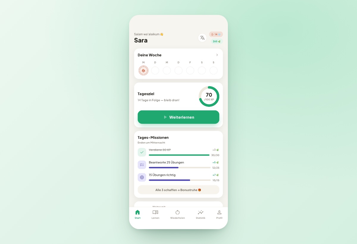 Screenshot der Mein-Darija-App: Startbildschirm mit Streak, Tagesziel und Tages-Missionen